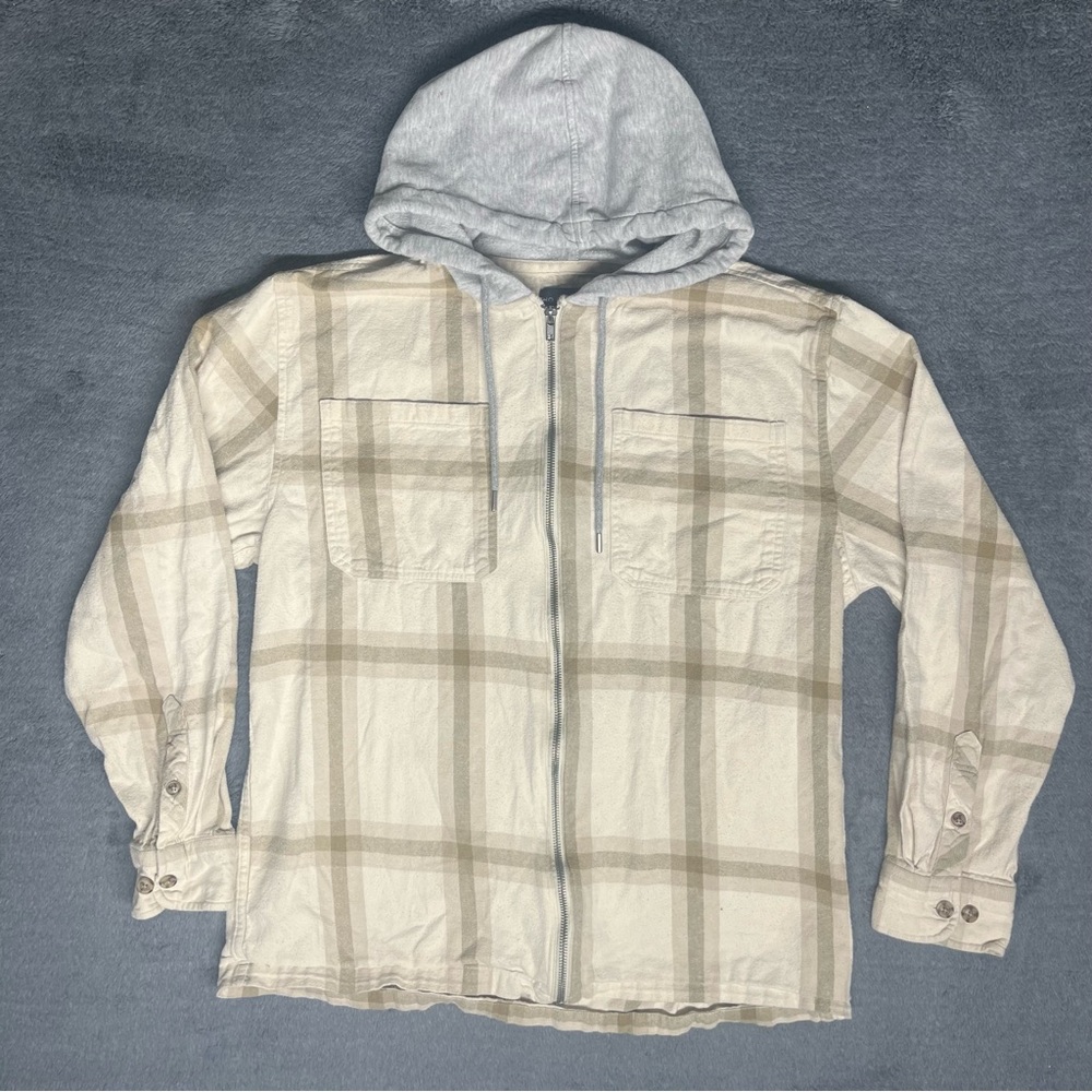 No Boundaries Plaid Flannel Skater Streetwear Zip-Up Jacket Beige/Cream, Size M